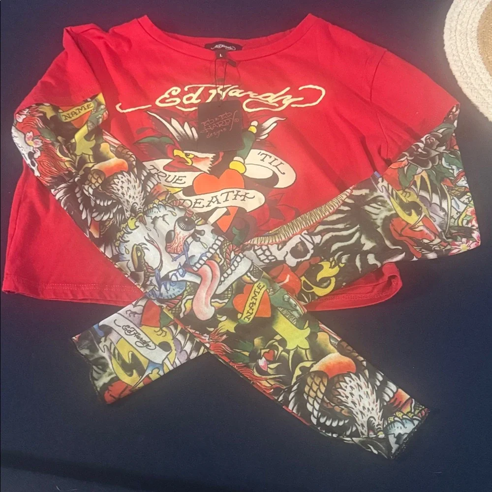 Ed Hardy Red Long Sleeve Graphic crop tee - Picture 2 of 6